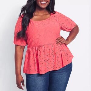 NWT Lane Bryant Pink Eyelet Puff Sleeve Peplum Top Plus Size 22/24